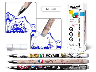 M-5531 Ручка гелевая со стираемыми чернилами VOYAGE, СИНЯЯ, игольчатый пиш.узел 0.5мм,термочувствительные чернила, корпус пластиковый цветной, сменный стержень 125 мм